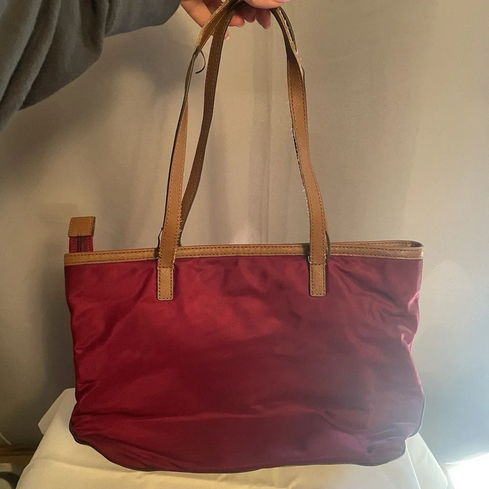 Michael Kors Kempton Nylon Satchel Tote Purse Shoulder Bag in Maroon & Brown - Picture 2 of 16